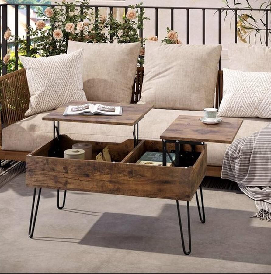 Mrs. Jones Salontafel met opbergruimte Dubbele hefplaat Hoogte verstelbaar Industrieel Rustic Brown Bruin Zwart