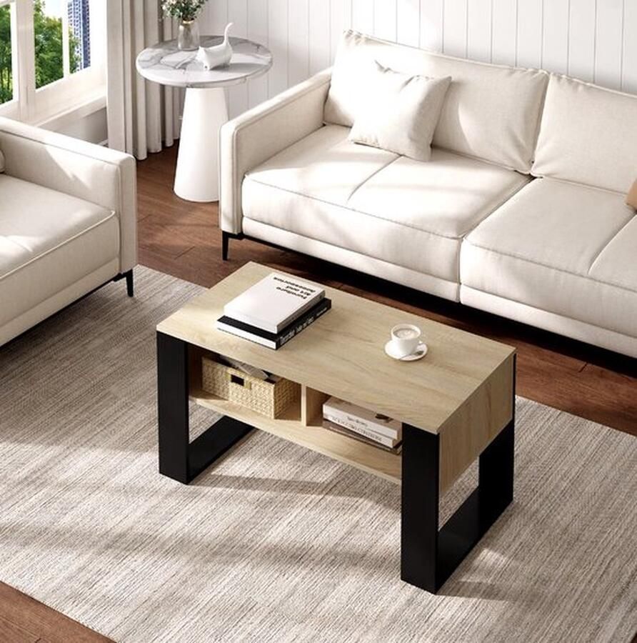 Mrs. Jones Salontafel Rechthoek salontafel Bijzettafel Industrieel 2 vakken Hout Melamine fineer Light oak