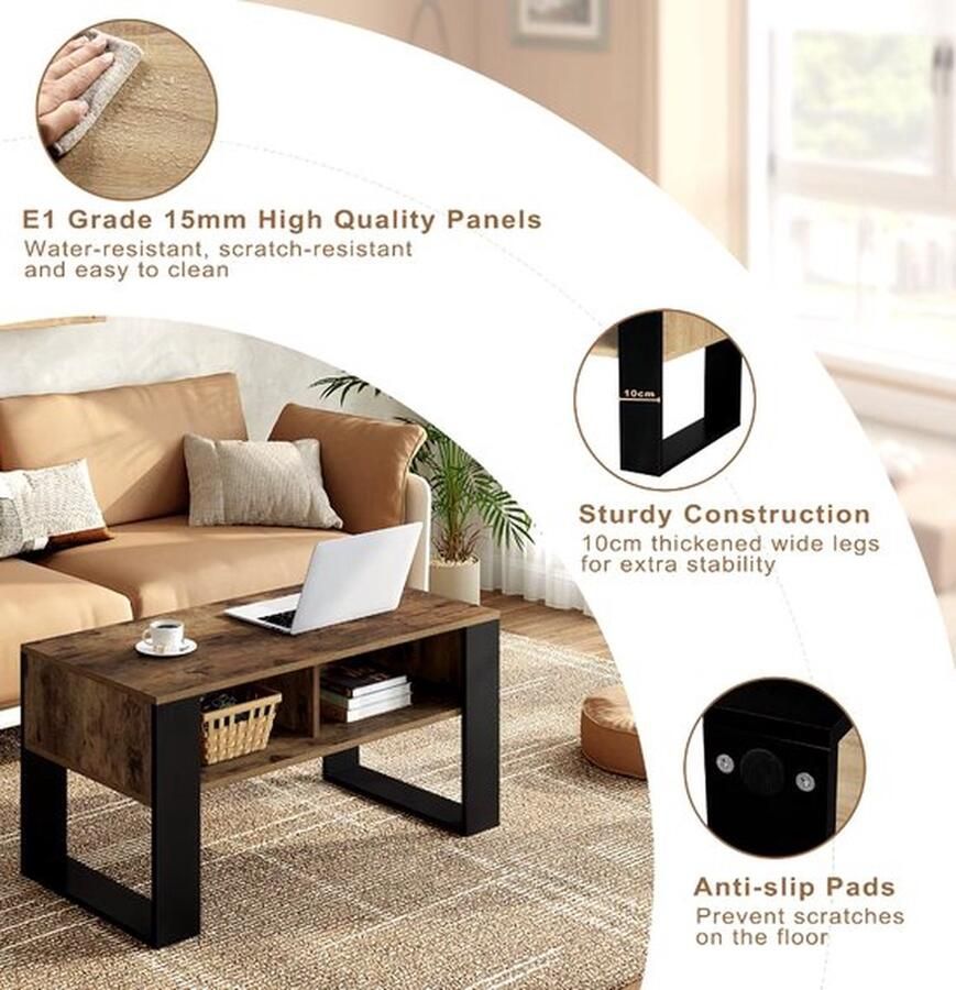 Mrs. Jones Salontafel Rechthoek salontafel Bijzettafel Industrieel 2 vakken Hout Melamine fineer Rustic brown