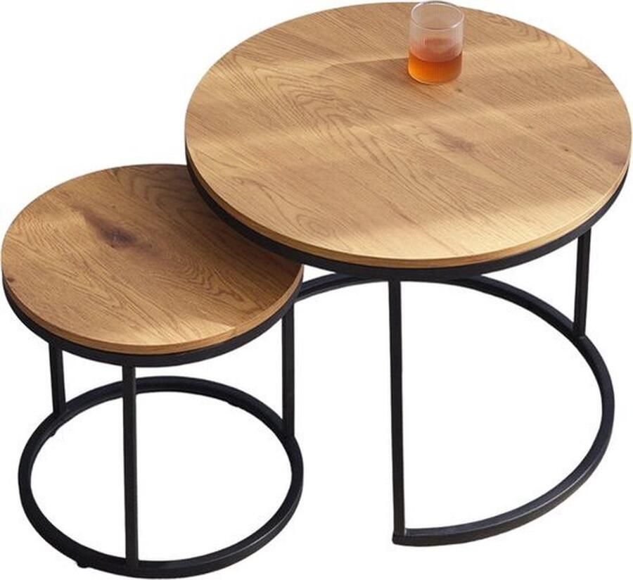 Mrs. Jones Salontafel Rond Bijzettafel Rond Set van 2 Salontafels Nordic stijl Zwart Metaal Licht Eiken Kleur 2 Stuks 60 en 40 CM