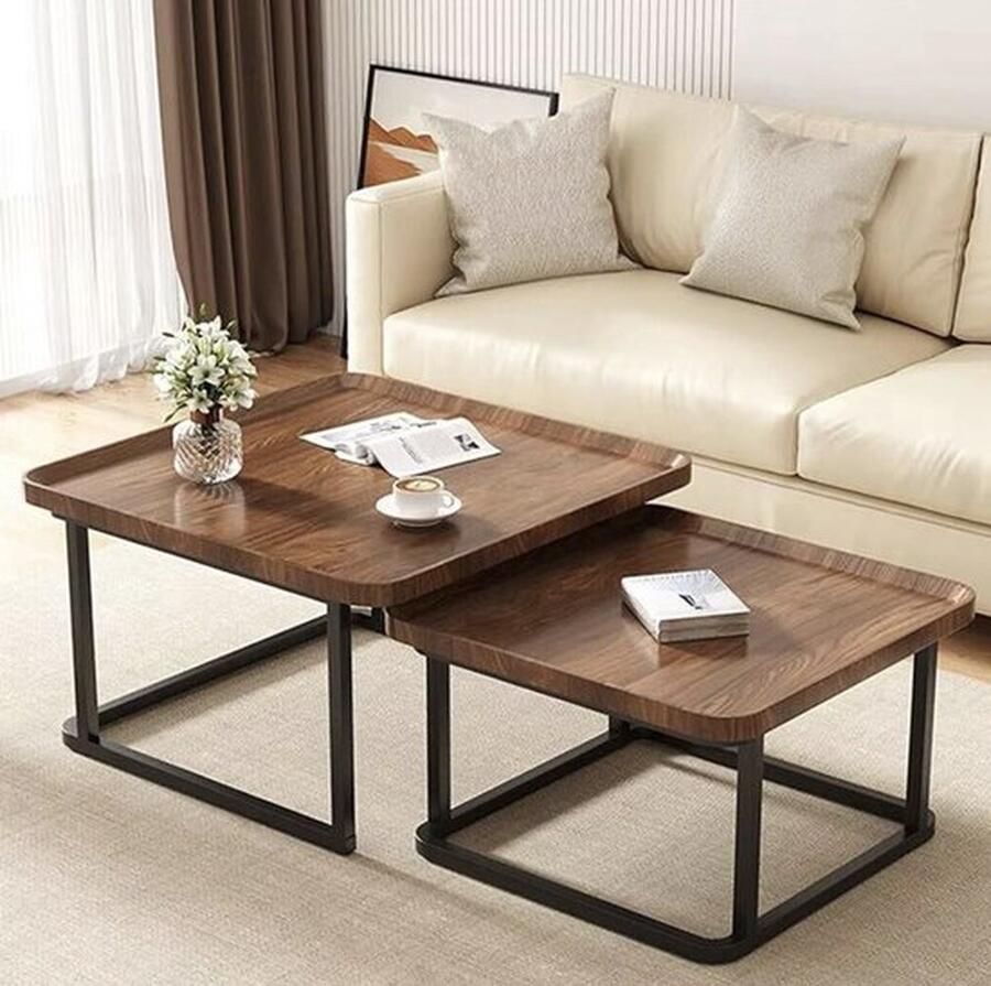 Mrs. Jones Salontafel vierkant Dubbele salontafel Koffietafel Industrieel Bruin hout Zwart metaal