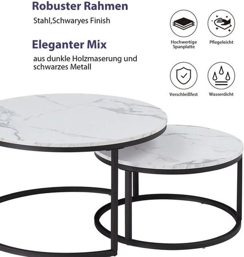 Mrs. Jones Salontafels 2 In 1 Zwart En Marmer Woonkamer tafels Salontafel Rond Metaal En MDF 80 Cm en 60 Cm Belastinggewicht 50 Kg