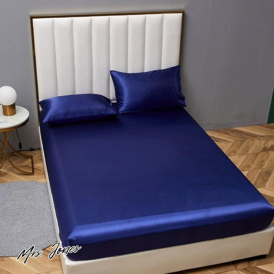 Mrs. Jones Satijnen blauw hoeslaken 180x200 cm zijdeglans geschikt voor matrassen tot 30 cm dik