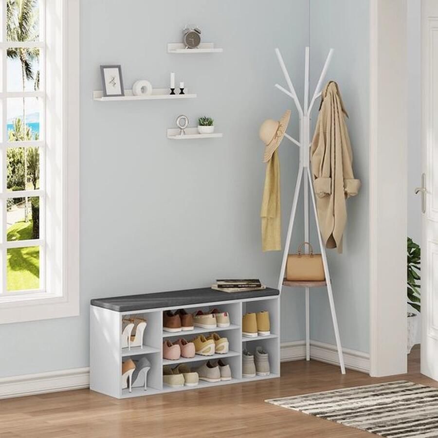 Mrs. Jones Schoenbank Gang schoenenkast Schoen opbergbank 103.5X30X48Cm Wit Met Grijs Stoffen Kussen