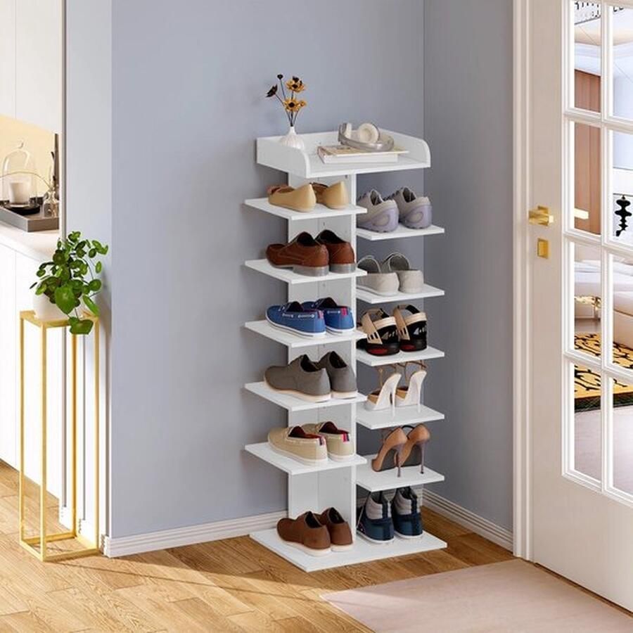 Mrs. Jones Schoenenkast Staand Wit -Schoenen Organizer 12 paar schoenen Ruimtebesparend Met Sleutelbak Bovenop