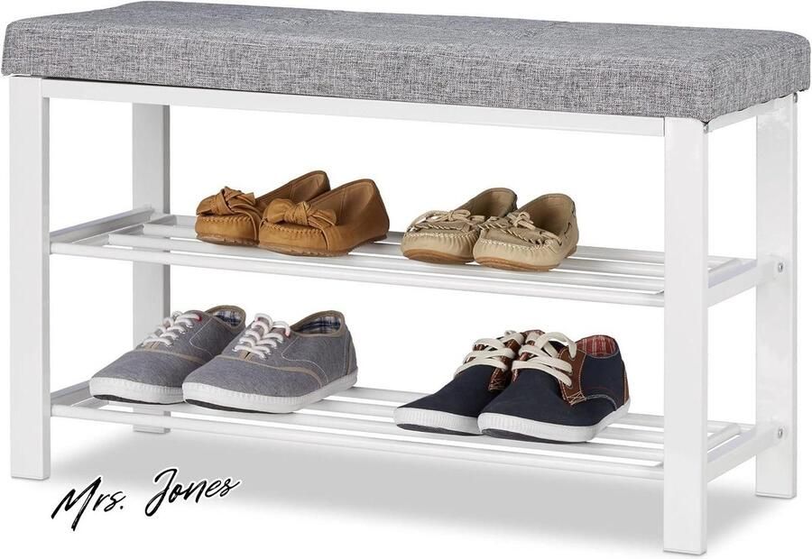 Mrs. Jones Schoenenbank 2 etages gepolsterd grijs 50x81x32cm halbank open schoenenrek Relaxdays
