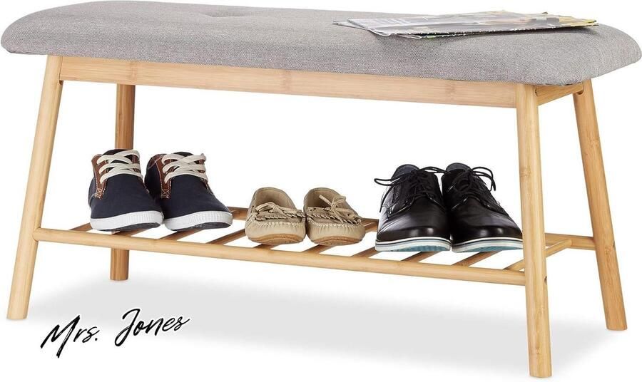 Mrs. Jones Schoenenbank Bamboe voor 4 paar Schoenen Tweezits Bank Schoenenrek Comfortabele Natuur-Grijs Halbank