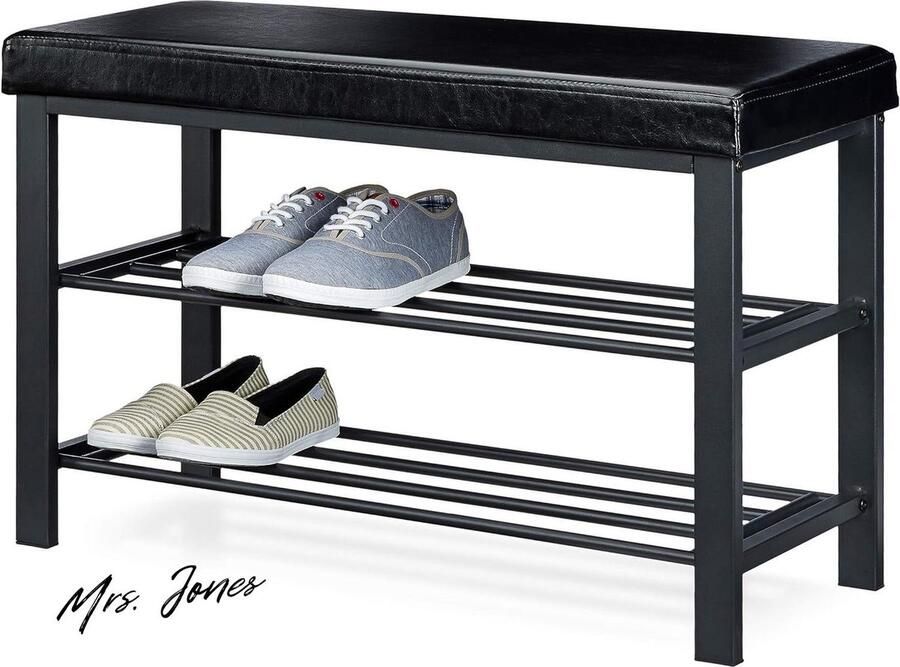 Mrs. Jones Schoenenbank zitkussen schoenenrek metaal kunstleer 49x81x31 cm zwart