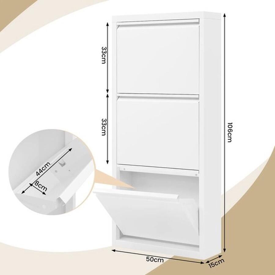 Mrs. Jones Schoenenkast Met 3 Flappen Gesloten Schoenenrek Smalle Schoenladekast 50X106X15Cm Witte Schoenenkast