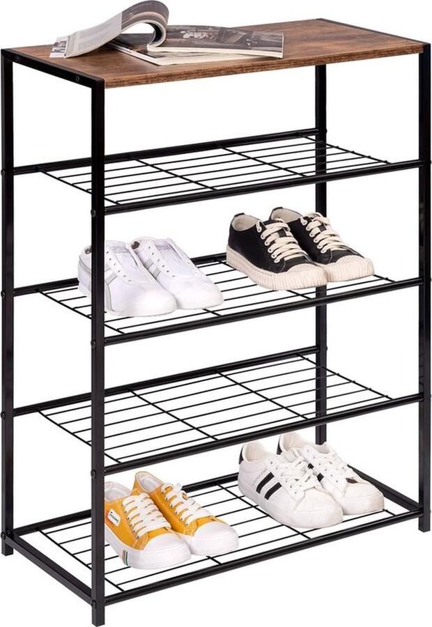 Mrs. Jones Schoenenkast Zwart Schoenenrek Schoenen Organizer 4 rekken Houten Bovenplank 63 x 30 x 83
