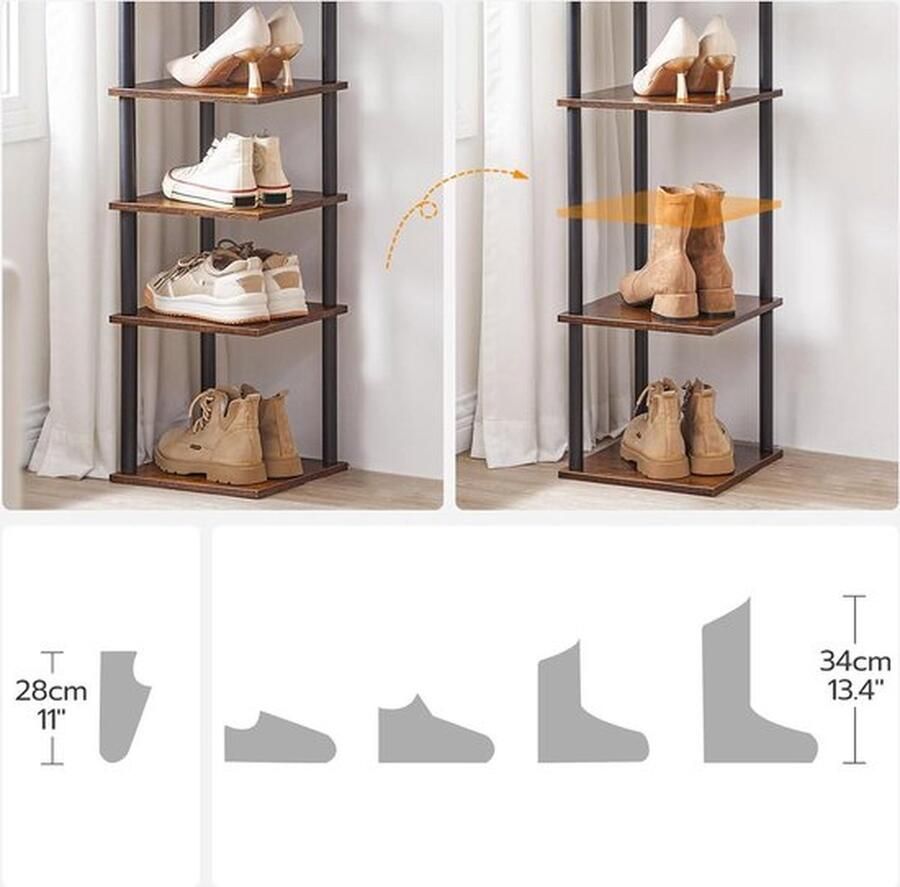 Mrs. Jones Schoenenrek 8-laags hoekschoenenrek slank schoenenrek schoenenkast schoenenstandaard hal slaapkamer donkerbruin zwart