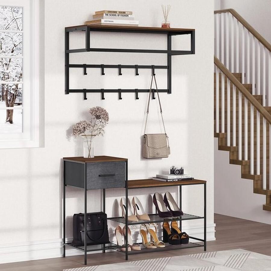 Mrs. Jones Schoenenrek met Kapstok Schoenrek Set met Wandkapstok Met Plank 10 Haken 5 Niveaus Schoenenkast Met Lade