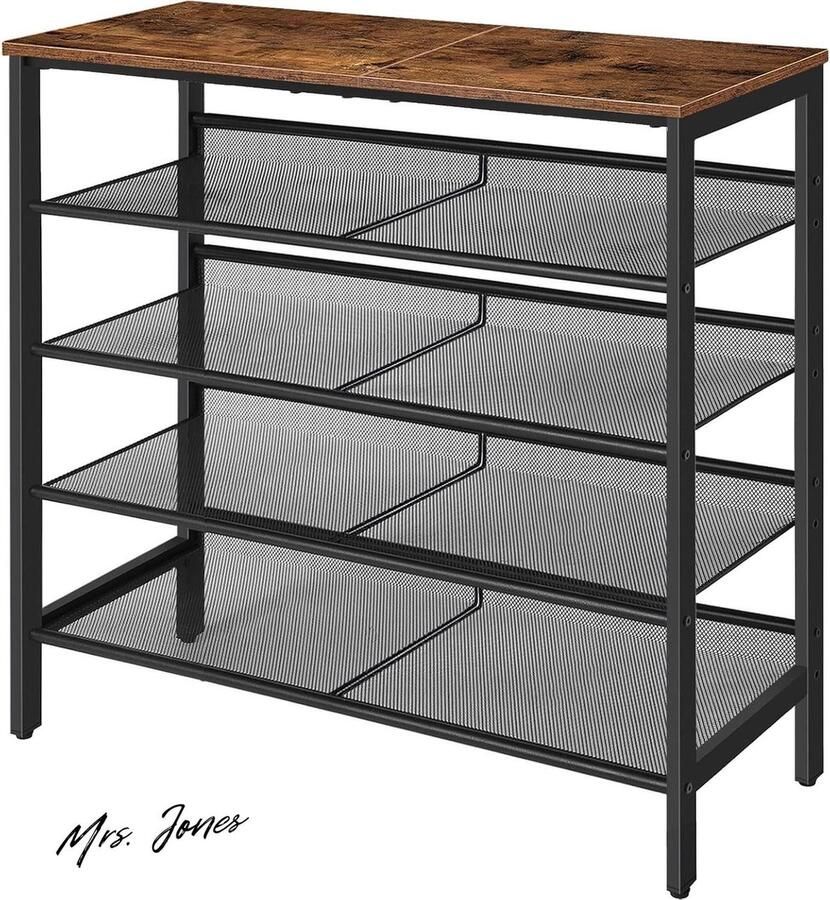 Mrs. Jones Schoenenrek verstelbaar metalen roosterrek ruime bovenkant voor 16-20 paar schoenen ingang gang industrie vintage bruin-zwart