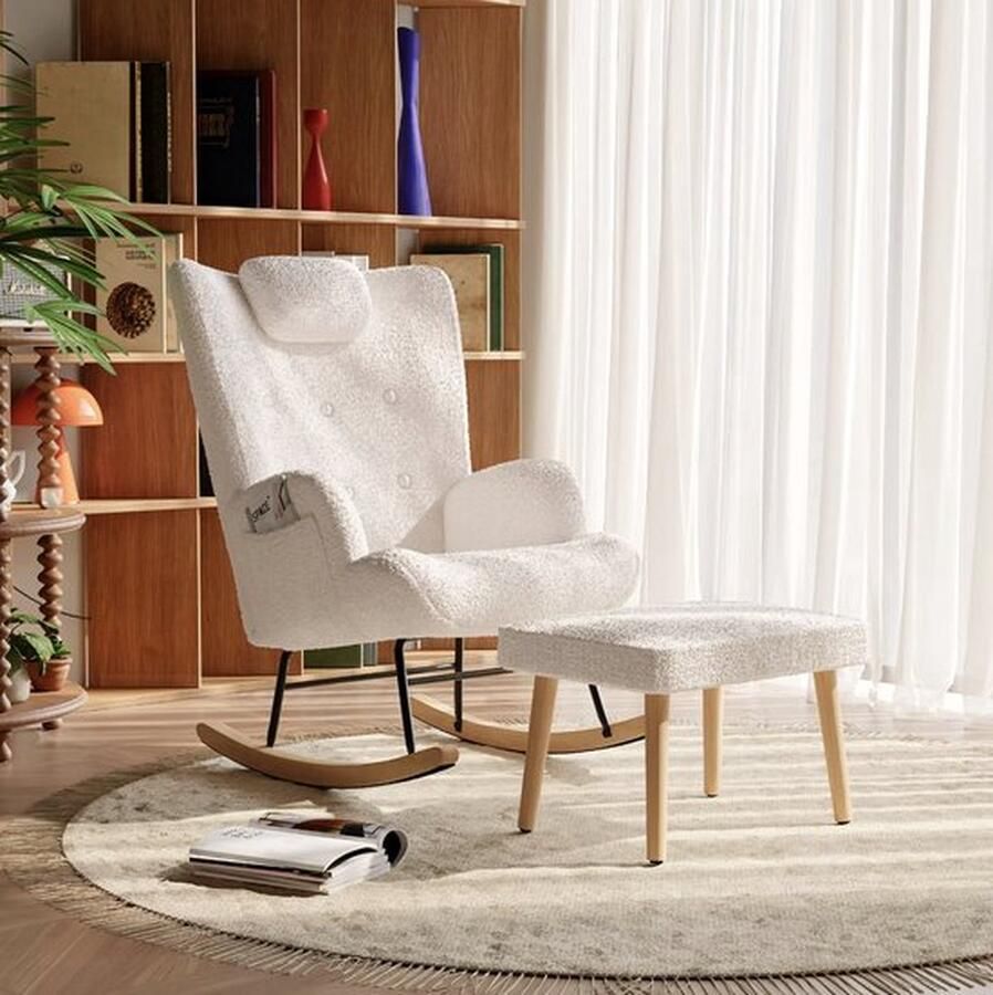 Mrs. Jones Schommelstoel teddystof Schommel fauteuil Relax stoel met voetenbankje Gewatteerd Teddystof Wit