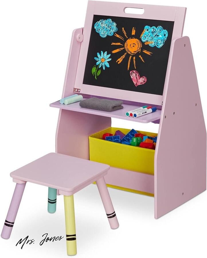 Mrs. Jones Schoolbord Kind Speelgoed Opbergkast 2 Vakken Box HBD Ca. 84x52x45 Cm Speeltafel Krukje Roze