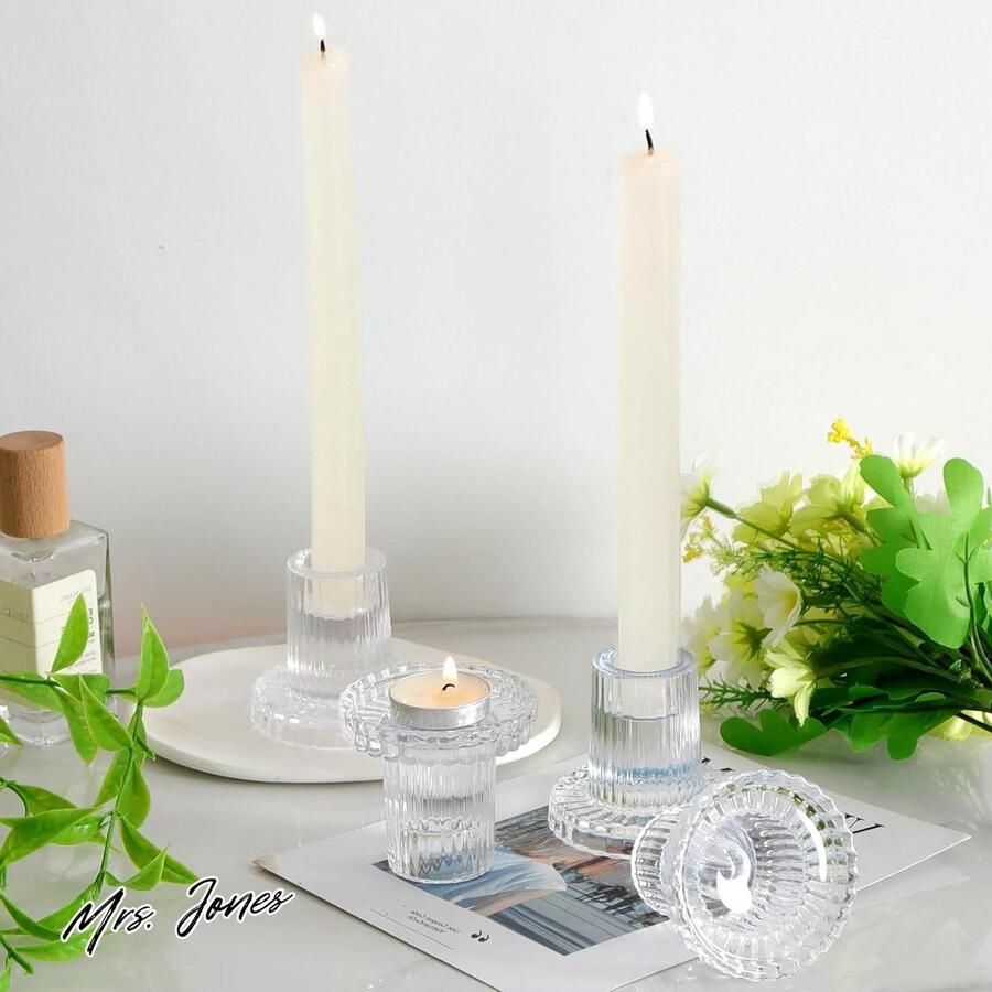 Mrs. Jones Set van 12 glazen kandelaars 2-in-1 kandelaar theelichthouder kaarsenhouder decoratie bruiloft tafeldecoratie Kerstmis advent woonkamer feest eettafel vintage