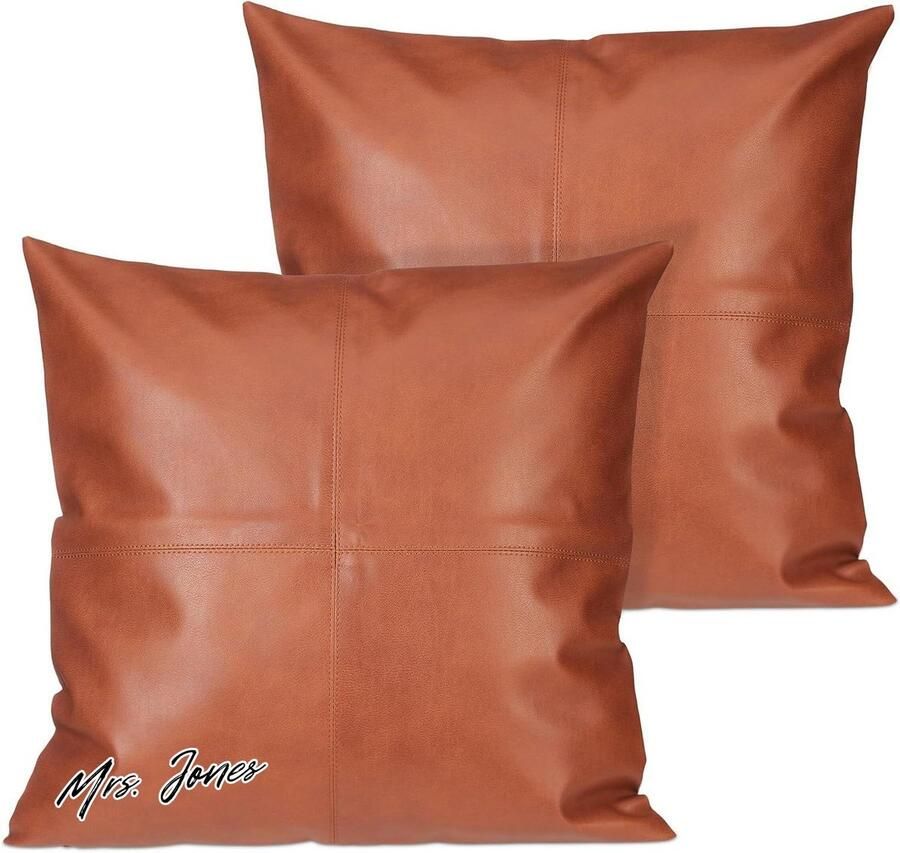 Mrs. Jones Set van 2 45x45 cm lederlook kussenovertrekken voor bank- & sierkussens met rits bruin-wit toegevoegde zoekwoorden: kussens decoratie