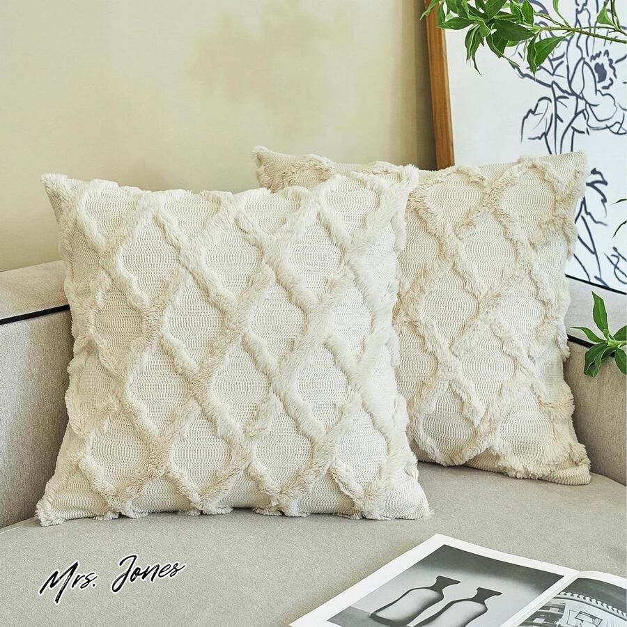 Mrs. Jones Set van 2 boho-decoratieve kussenslopen 40 x 40 cm beige kussensloop sierkussen pluizige kussenhoes voor bank