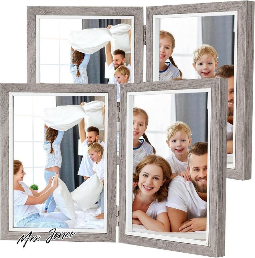 Mrs. Jones Set van 2 dubbele fotolijst opvouwbaar houten fotolijst inklapbare fotolijst met glas voor 2 foto's 13 x 18 cm fotolijst collage voor het bureau donkergrijs Rustiek Moderne Stijl