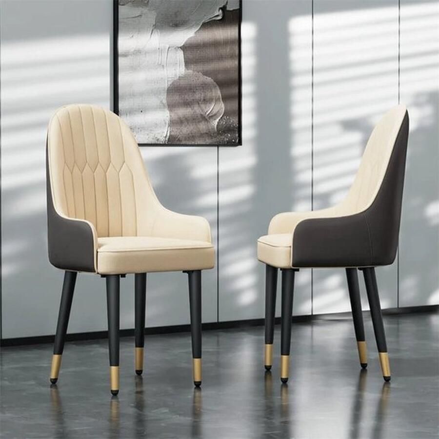 Mrs. Jones Set van 2 Eetkamer stoelen Lederen Eetkamerstoelen Met Armen Moderne Keuken Eetkamerstoelen Met Metalen Poten Woonkamerstoelen Set van 2 stuks Beige