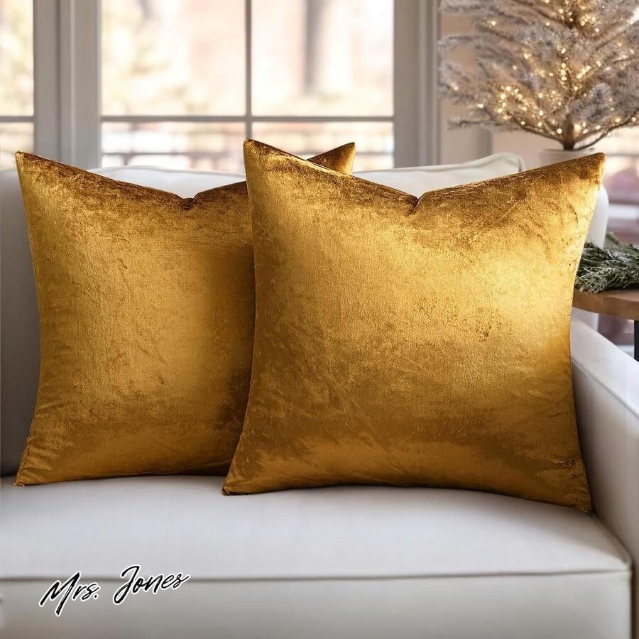 Mrs. Jones Set van 2 fluwelen kussenhoezen huishoudelijk sierkussen decoratieve kussenhoezen zacht voor bank slaapkamer en woonkamer 45 x 45 cm donkergoud met strepen