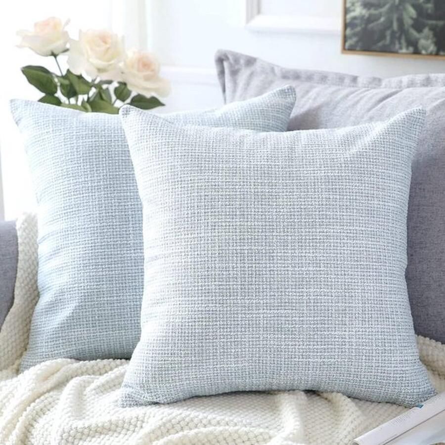 Mrs. Jones Set van 2 kussenslopen effen sierkussenhoezen linnen kussenhoezen moderne decoratieve kussensloopset kussensloop voor bank auto slaapkamer woondecoratie 16 x 16 inch 40 x 40 cm blauw grijs