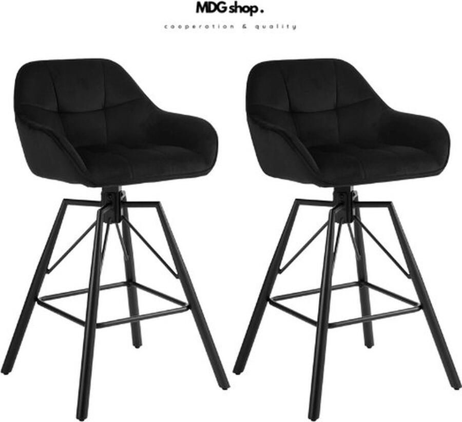 Mrs. Jones Set van 2 Luxe Fluwelen Barkrukken 360° Draaibaarheid Ergonomische Rugleuning en Voetsteun Hoog Zwart