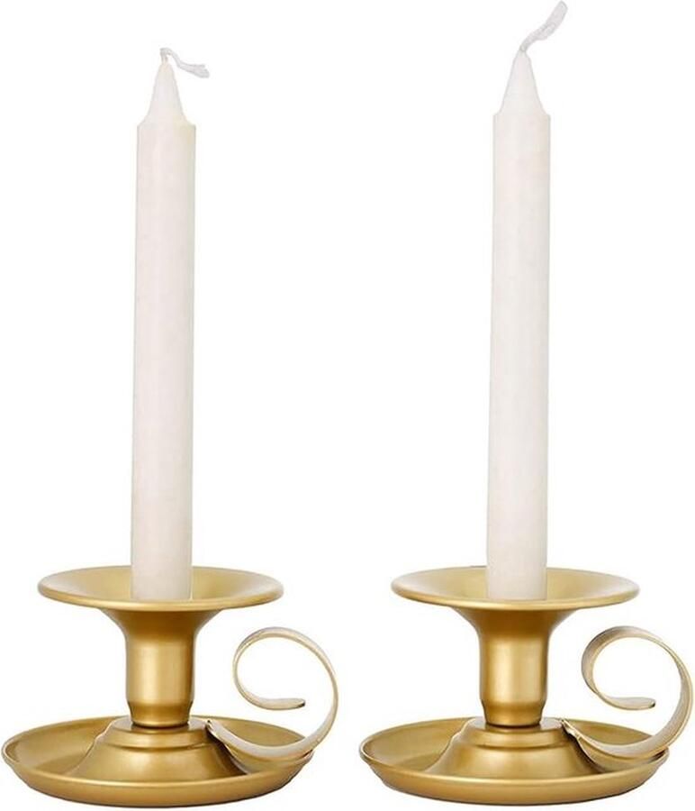 Mrs. Jones Set van 2 metalen vintage kandelaardecoratie met handvat gouden decoratieve kandelaar 10x6cm kandelaar woonkamer slaapkamer eettafel decoratie goud