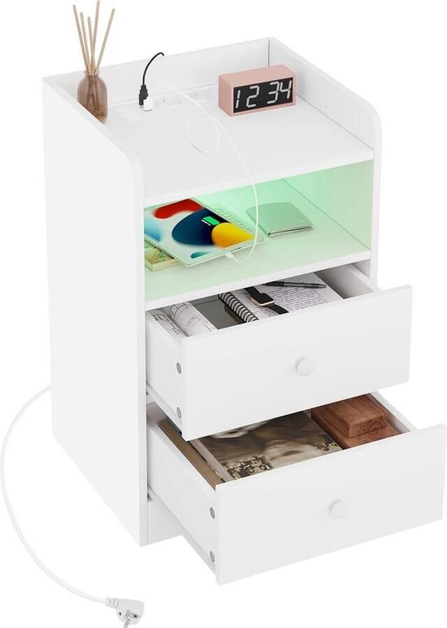 Mrs. Jones Set van 2 nachtkastjes met USB Nachtkastjes met Laadstation LED Verlichting Bijzettafels met USB en Led verlichting Wit