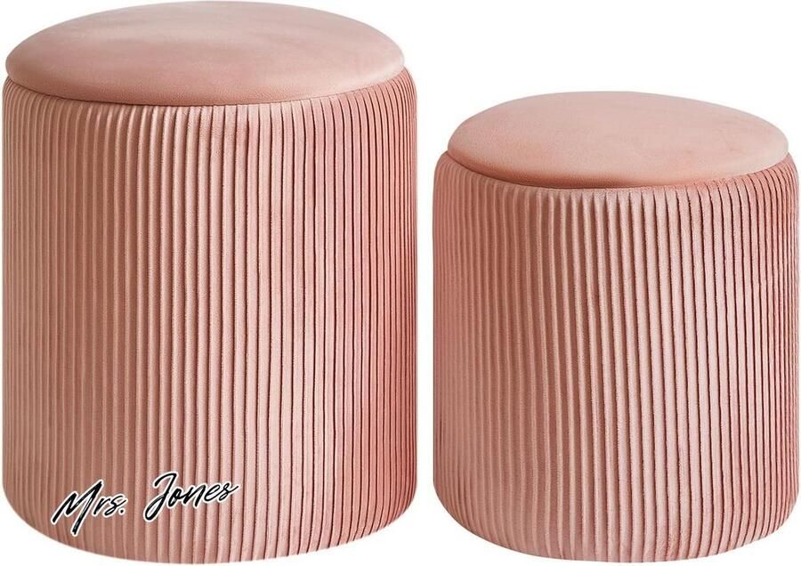 Mrs. Jones Set van 2 ronde Ottomaanse met opslag fluwelen make-upkruk moderne salontafel met gewatteerde zitting multifunctionele voetensteun kruk voor woonkamer en slaapkamer roze