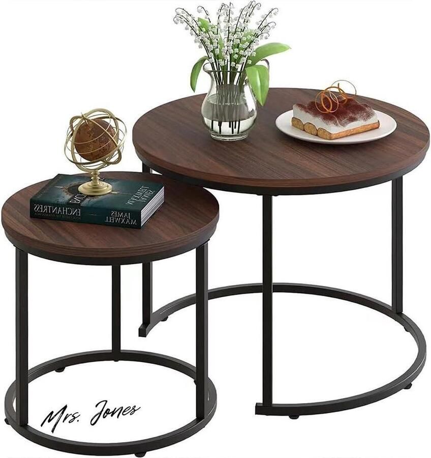 Mrs. Jones Set van 2 salontafels met steeksluiting ronde vorm met frame van zwart metaal en tafelblad van walnoothout ruimtebesparende koffietafels industrieel design woonkamerdecoratie thuis kantoor