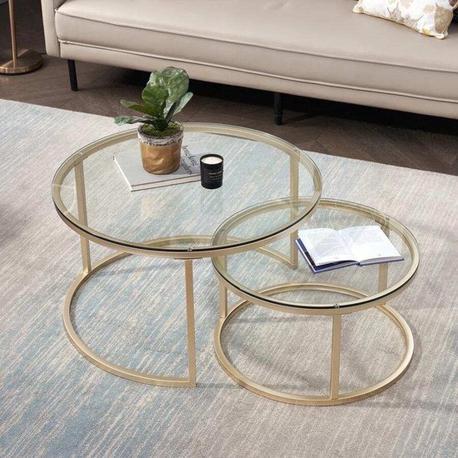 Mrs. Jones Set van 2 salontafels Salontafel Gehard Glas Goud Ijzeren Salontafel Ronde salon tafel Moderne Salontafel Glas 60 cm en 40 cm