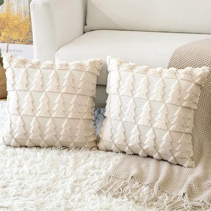 Mrs. Jones Set van 2 wollen kussenhoezen zacht pluche kort wolfluweel decoratieve kussenhoezen luxe bankkussens Europese kussenhoes voor bank slaapkamer kerstboom crèmebeige 50 x 50 c