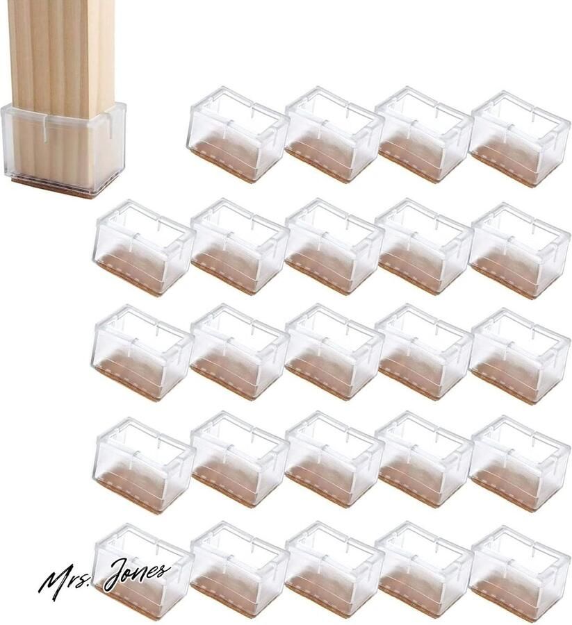 Mrs. Jones Set van 24 stoelpootbeschermers siliconen transparant rechthoekige stoelpootdoppen stoelkussen met vilten pads voor hardhouten vloeren 21 x 42 mm
