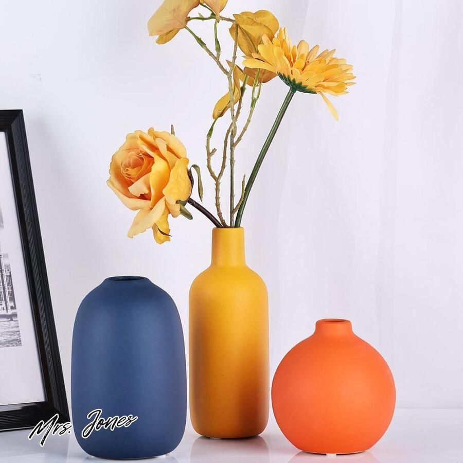 Mrs. Jones Set van 3 kleine keramische bloemenvazen voor rustieke woondecoratie modern boerderijdecor woonkamer plankdecor tafel boekenplank schoorsteenmantel ingangsdecor