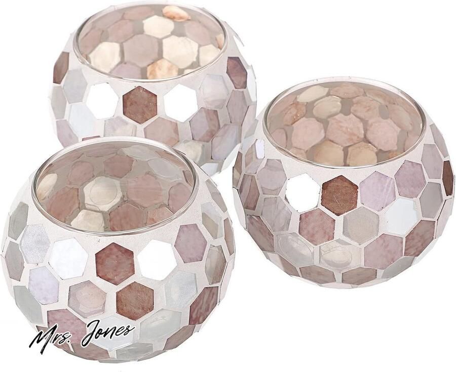Mrs. Jones Set van 3 mozaïekglazen theelichtkaarsenhouders decoratieve votief kaarsenstandaard ronde kaarsentafelstukken voor tafel bruiloft feest woondecoratie lichtbruin