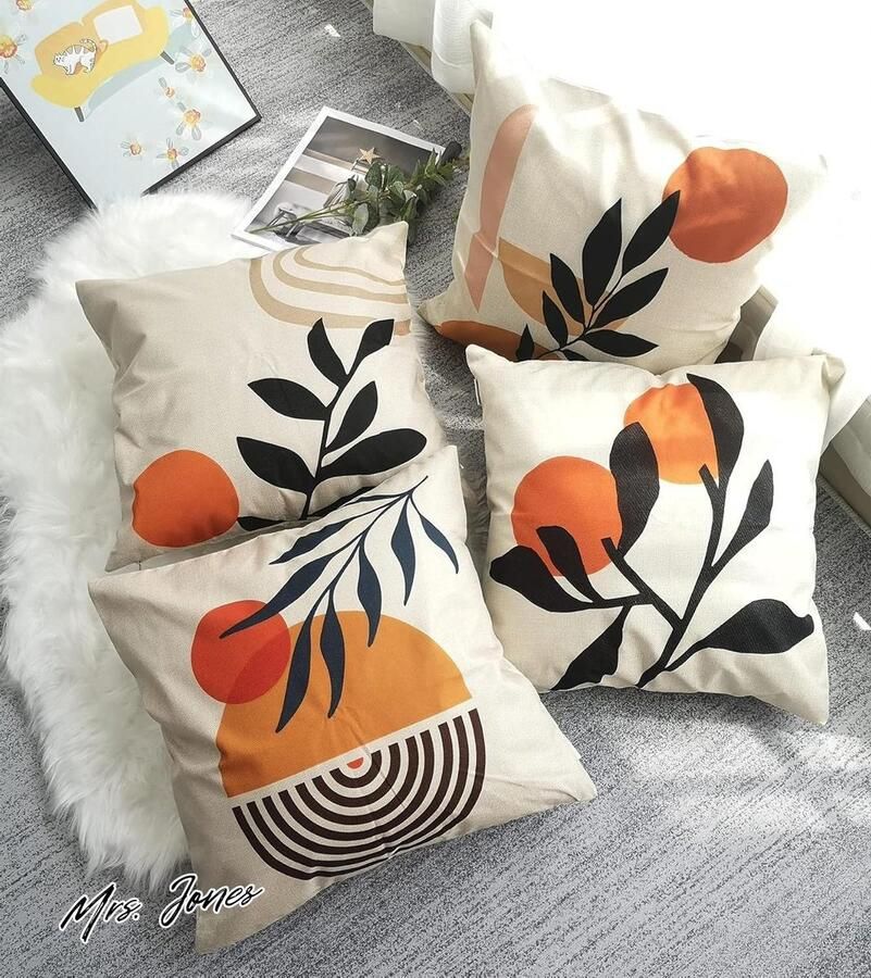 Mrs. Jones Set Van 4 Decoratieve Kussenhoes 45x45 Oranje Voor Tuin Lounge Bank Sierkussen Woonkamer Slaapkamer Kussenhoezen Tuin Buitenkussen Bankkussen Sierkussen