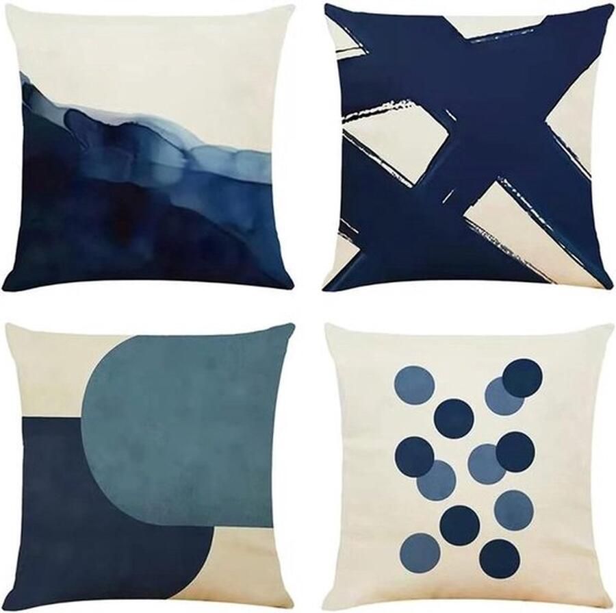 Mrs. Jones Set van 4 Decoratieve Kussenhoezen Moderne Kussenhoezen Blauw 50 x 50 cm Vierkante Decoratieve Kussenhoezen voor Tuin Buiten Woonkamer Bank