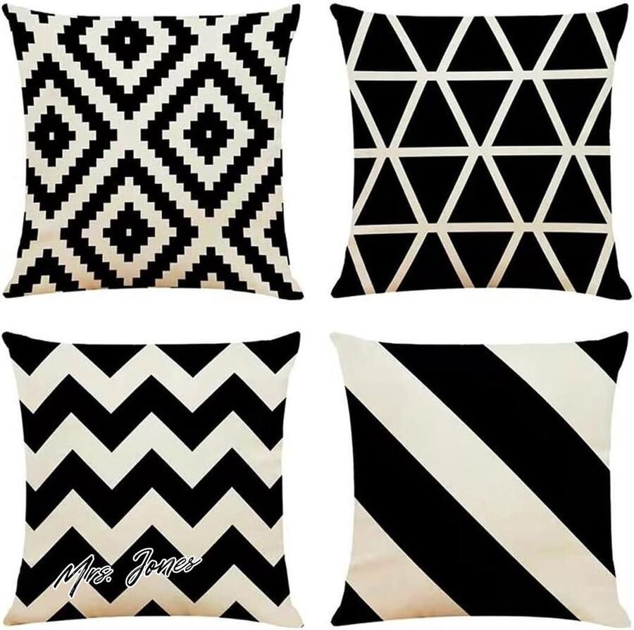 Mrs. Jones Set Van 4 Decoratieve Kussenhoezen Zwart 40 x 40 CM Geometrische Kussenhoes Vierkante Kussensloop Voor Buitenterras Tuinbank Woonkamer Bankdecoratie Kussenhoes Set