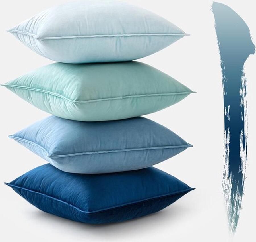Mrs. Jones Set van 4 fluwelen kussenhoezen 50 x 50 cm blauw kussen decoratieve kussenhoezen bankkussens sierkussens omwikkelde rand voor bank woonkamer slaapkamer