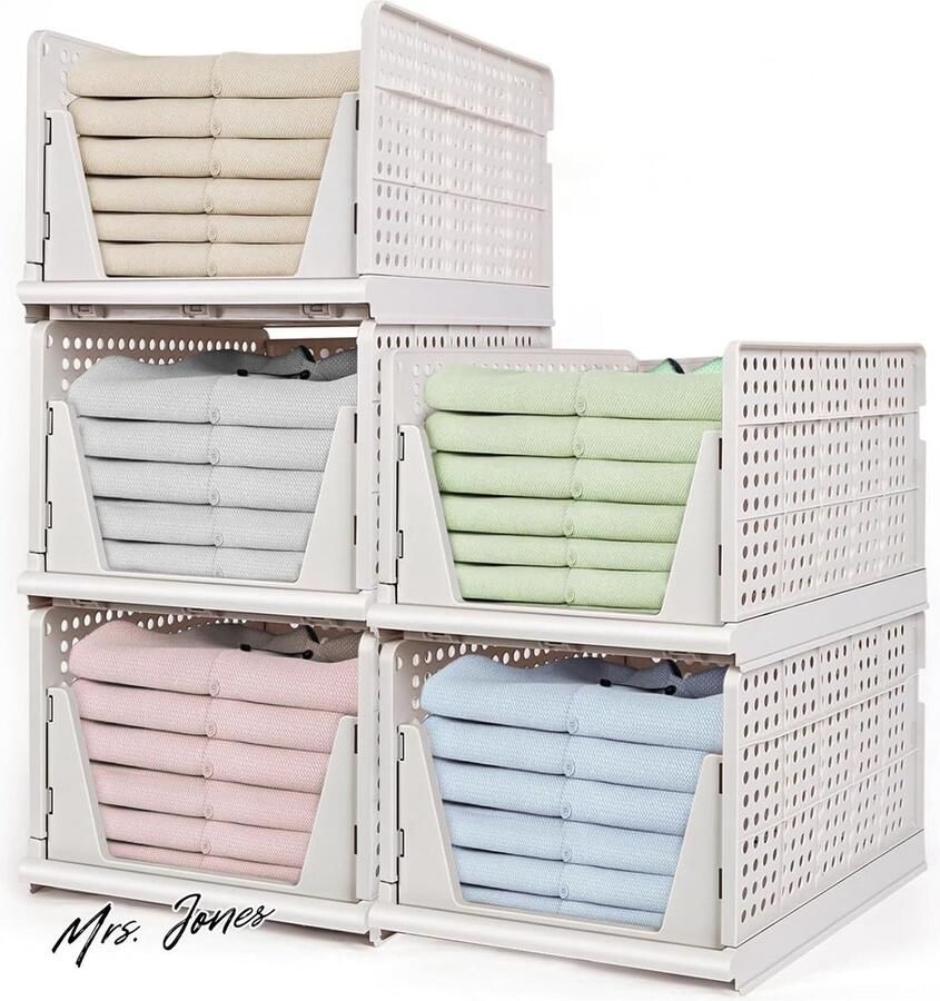 Mrs. Jones set van 5 hoge ladeboxen wit opvouwbaar rek opbergdoos stapelbare kast laden plastic opbergkisten 42 x 33 x 25 cm