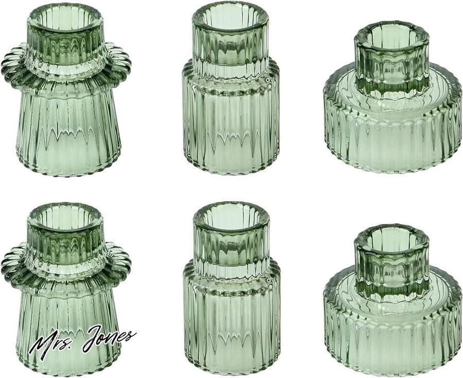 Mrs. Jones Set van 6 glazen kandelaars 2-in-1 theelichthouder transparant kaarsenstandaard voor staafkaarsen kleine kaarsenhouder staafkaars voor bruiloft tafeldecoratie eettafel feest Kerstmis