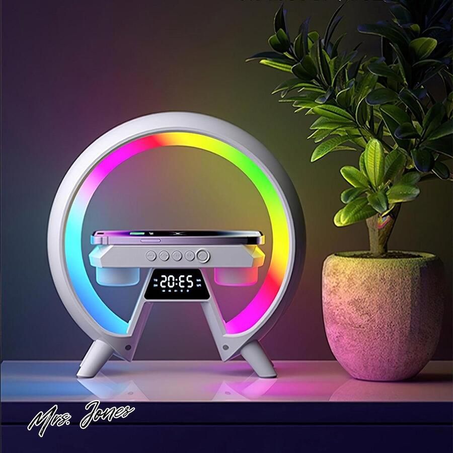 Mrs. Jones Sfeerlamp draadloze oplader intelligente lichtwekker bluetooth luidspreker led tafellamp nachtlampje muziek alarm AUX TF-kaart (wit)