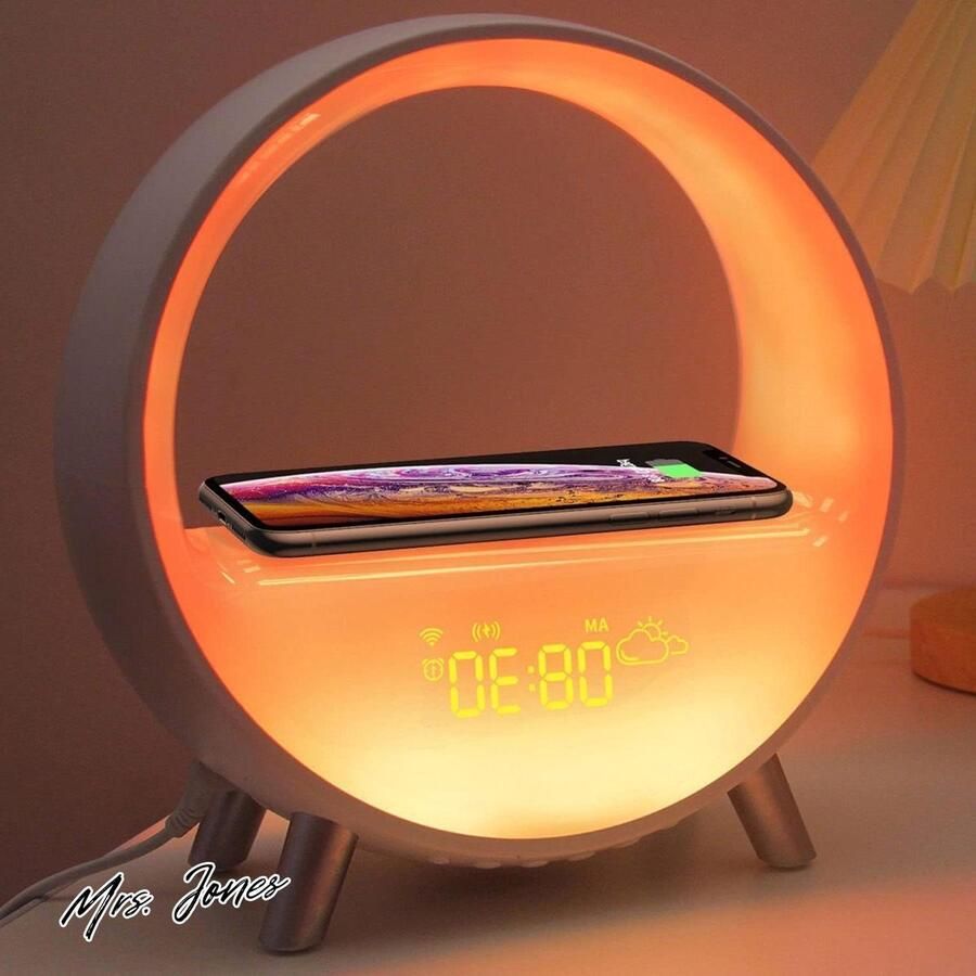 Mrs. Jones Sfeerlamp met draadloze oplader 2024 wifi intelligente led-tafellamp 5.0 hifi bluetooth-luidspreker dimbaar nachtlampje lamp muziek alarm klok weerklok app-besturing
