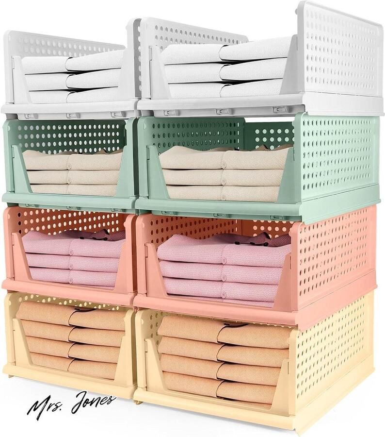 Mrs. Jones Shine Stapelbare ladeboxen 8 stuks Kledingkast organizer uittrekbaar plastic lade-inzetstuk Opvouwbare kast laden voor kleding kast eetkamer (kleur)