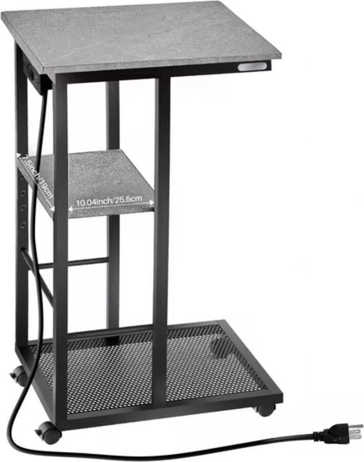 Mrs. Jones Sidetable C-vorm eindtafel Banktafel Bijzettafel Op wieltjes Usb Usb-c Stopcontact Grijs Zwart