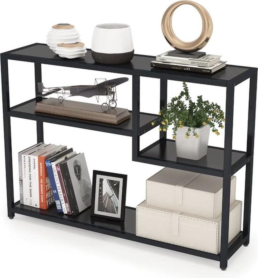 Mrs. Jones Sidetable Smalle tafel Smalle kast Vakkenkast Industrieel Hout en Metaal Zwart 110x30x85cm