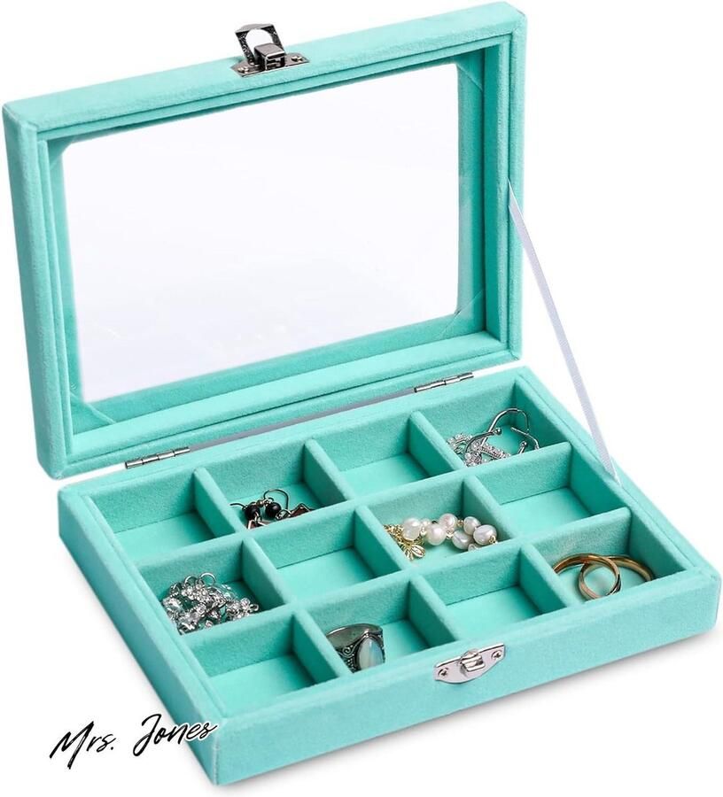 Mrs. Jones Sieraden Organizer Lade met Transparant Deksel 12 Raster Fluwelen Lade Insert Sieradendoos Streep met Transparant Deksel Streep Vitrine Winkel Showcase Sieraden Doos Cadeau voor Vrouwen