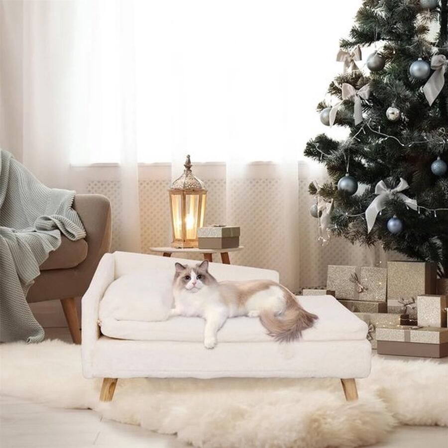 Mrs. Jones Slaapbank Huisdieren Verhoogde Stoel Huisdieren Luxe Dierenkussen Waterbestendig Afneembaar Kussen Maat S 70x40x39 CM Beige