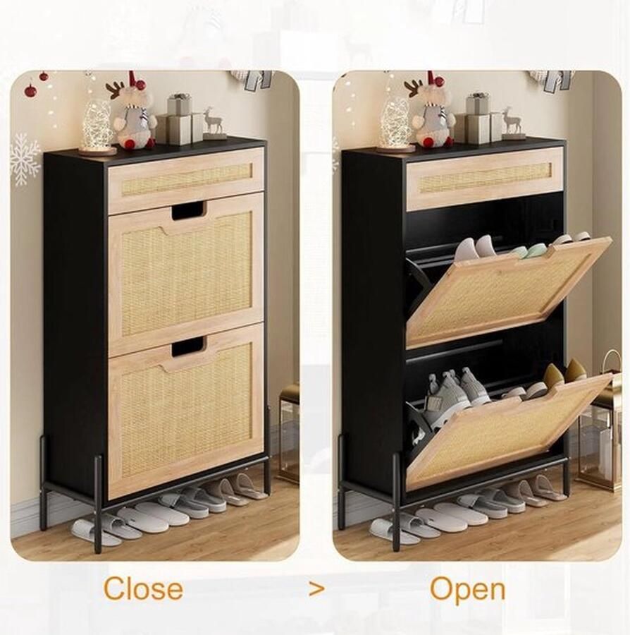 Mrs. Jones Smalle Schoenenkast Rotan 2 klapdeuren 1 lade vrijstaande schoenenkast moderne smalle schoenenkast